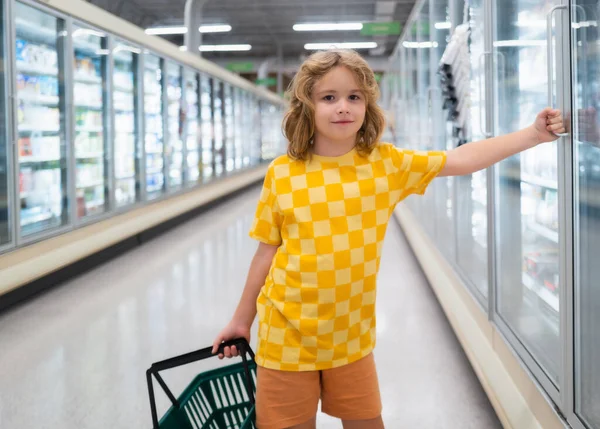 Bambino Con Cesto Della Spesa Supermercato Cibo Sano Bambini Ritratto — Foto Stock