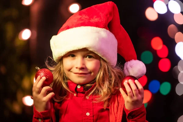 Cute Little Child Santa Hat Hear Night House Backyard Christmas — Stock Photo, Image