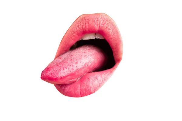 マクロ舌は唇をなめる 女性の口を閉じてください 舌とセクシー女性の唇 — ストック写真