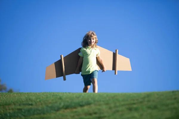おもちゃの段ボール飛行機の翼を持つ面白い少年が飛ぶ スタートアップの自由コンセプト アビエイターの衣装を着た子供屋外 — ストック写真
