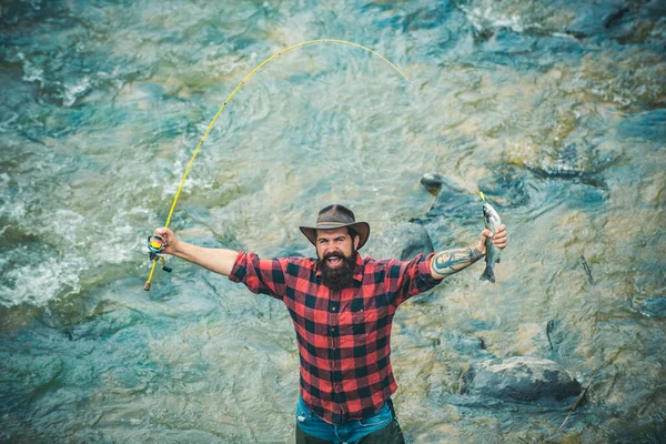 Fisherman Fishing Rever Excited Amazed Fisher Man Water Catching Trout — Stock Photo, Image