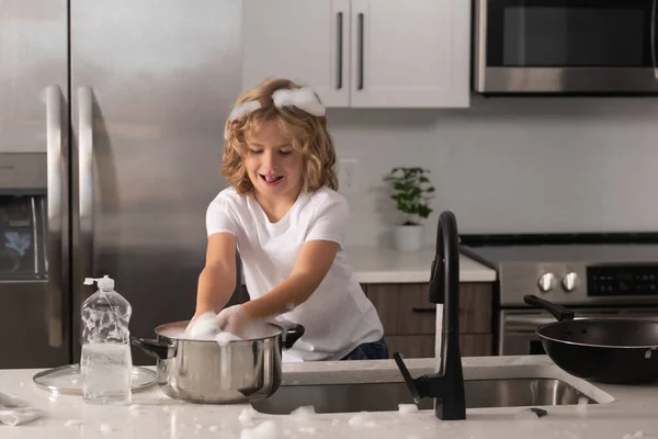 Little Housekeeper Child Sponge Dish Washing Liquid Doing Dishes Home — Stock Photo, Image