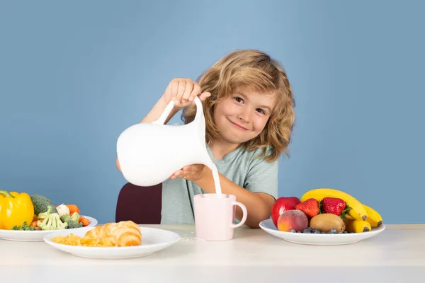 Healthy Breakfast Kids Child Pouring Milk Studio Isolated Portrait Kid — Stock Photo, Image