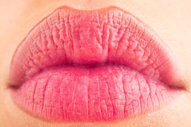 Yakın plan mükemmel doğal dudak. Makro dudaklar. Kadın ağzını kapat, beyazdan izole edilmiş. Cazibeli dudak konsepti. Güzel ağız.