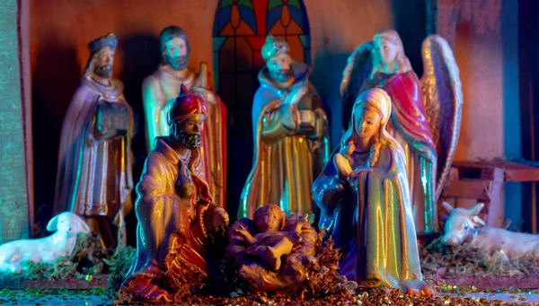 Belén Navidad Escena Navideña Del Niño Nacido Jesucristo Pesebre Con —  Fotos de Stock