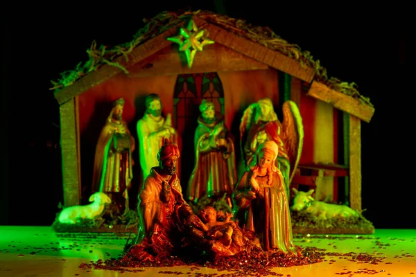 Noel Tebrik Kartı Doğum Sahnesi Nın Yemlikte Krallarda Çiftlik Hayvanlarında — Stok fotoğraf