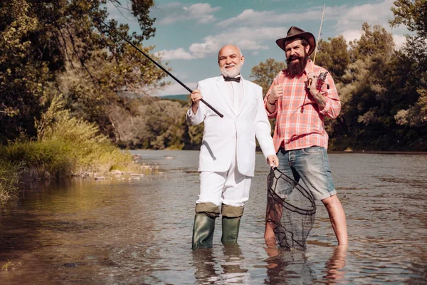 Senior Fisherman Suit Bearded Casual Man Fishing Fishing Rod — Stock Photo, Image