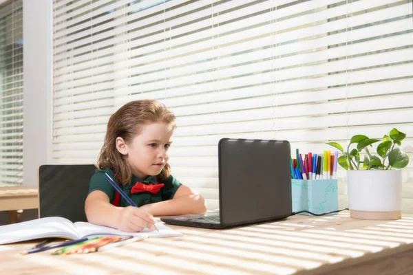 Serieuze School Jongen Geconcentreerd Tekenen Wanneer Zitten Klas Met Laptop — Stockfoto