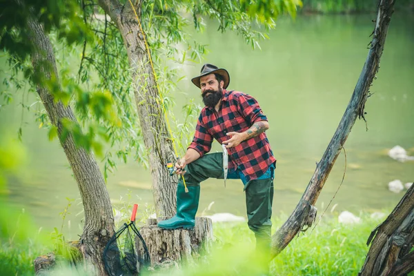 Young Bearded Man Fishing Lake River Flyfishing — Stock Photo, Image