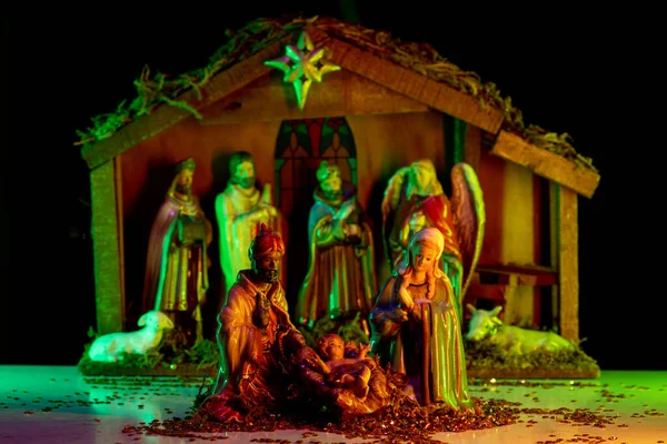 Yemlikte Joseph Mary Nın Noel Kreşinde Meryem Yusuf Koyun Büyücü — Stok fotoğraf