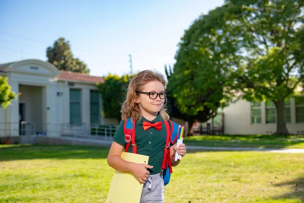Clever schoolboy in glasses with school bag and book in his hand. Back to school. Pupils portrait in school park