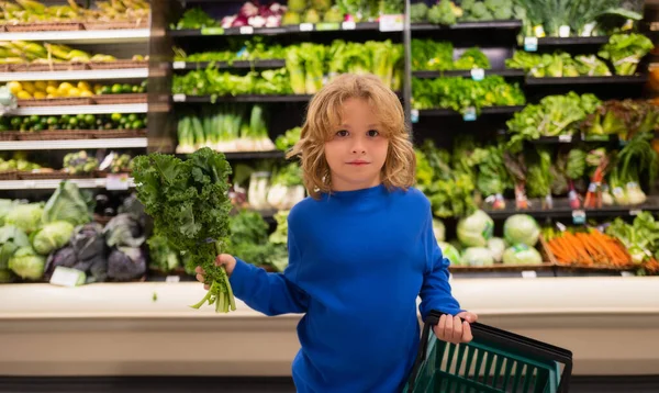 買い物かごと新鮮な野菜を持つ子供 食料品店やスーパーで食べ物を選ぶ小さな子供 — ストック写真