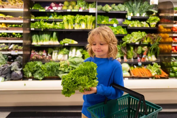 Child with shopping basket and fresh vegetables. Shopping in supermarket. Kids buying groceries in supermarket. Little boy buy fresh vegetable in grocery store. Child in shop