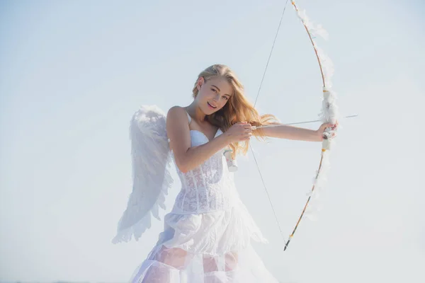 Sweet Angelic Girl Happy Valentines Day Sensual Angel White Wings — Stock Photo, Image