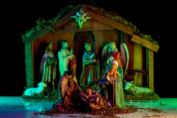 Christmas Scene Born Child Baby Jesus Christ Manger Joseph Mary — Stock Photo, Image