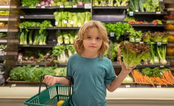 レタスサラダ付きの子供 食品店やスーパーマーケットの子供 子供が買い物に行く 子供のための健康食品 — ストック写真