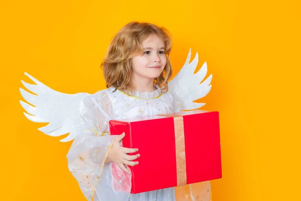 Bonito Anjo Criança Loira Com Presente Caixa Presente Miúdo Anjo — Fotografia de Stock