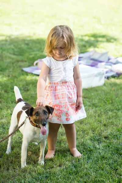 Liten Barneleke Jente Med Russel Terrier Hund Parken Portrett Lykkelig – stockfoto