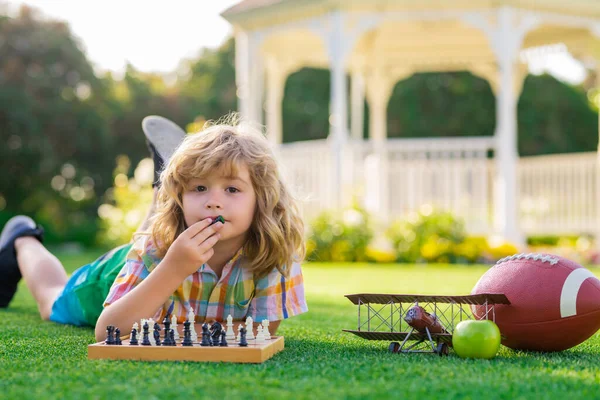Chess Game Kids Child Playing Chess Outdoor Park Kid Playing — Stock Photo, Image