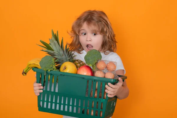 Sale Discount Child Hopping Basket Isolated Yellow Background Child Shopping — Stock Photo, Image