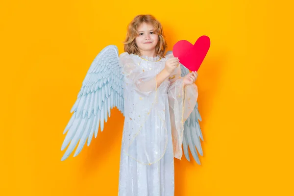 Anjo Coração Criança Vestindo Anjo Traje Vestido Branco Asas Penas — Fotografia de Stock