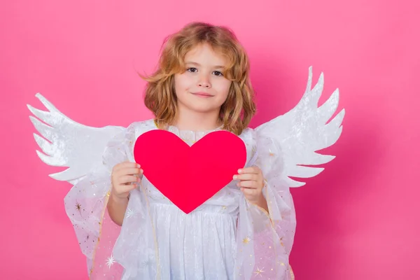 Menino Anjo Com Coração Dia Dos Namorados Loira Bonito Criança — Fotografia de Stock