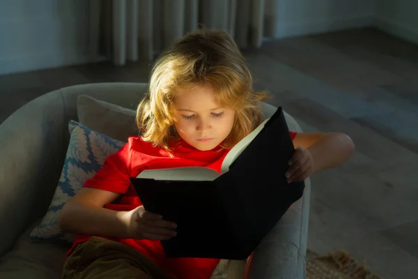Portrait of cute blonde child reading interesting kids book story. Child reading book at living room. Kids read books. Little boy sitting on couch in sunny living room watching pictures in story book