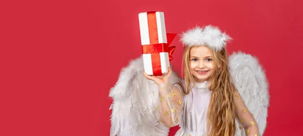 Angel Kinderbanner Geïsoleerde Studio Achtergrond Valentijn Gelukkige Glimlachende Cupido Meisje — Stockfoto