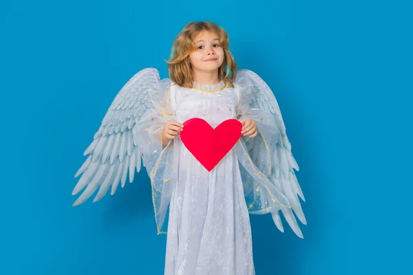 Child Angel Wings Hold Paper Heart Symbol Love Valentines Day — Stock Photo, Image