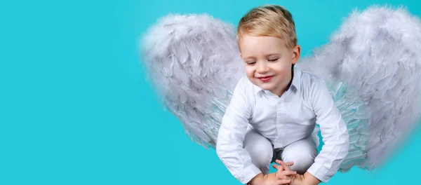 Valentýnský Prapor Andělským Dítětem Anděl Děti Dívka Bílými Křídly Izolované — Stock fotografie