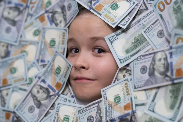 Kids How Rich Child Dollar Bills Face Money Banknotes Cash — Stock Photo, Image