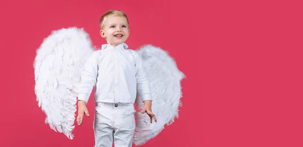 Valentijnsdag Spandoek Met Engel Kind Klein Jongetje Gekleed Als Een — Stockfoto