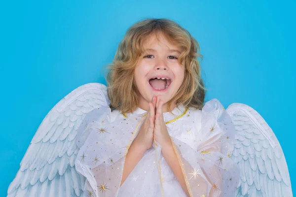 バレンタインデー 青いスタジオの背景に天使の翼を持つブロンドのかわいい子供 幸せな天使の子 — ストック写真