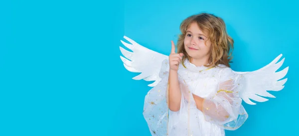 Valentines day banner. Cute child with angel wings. Studio portrait of angel child on studio color isolated background with copy space. Panoramic banner, wide poster, horizontal header