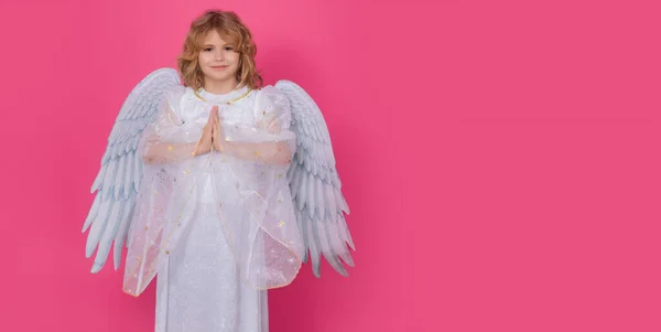 Valentýn Dítě Andělskými Křídly Modlitebníma Rukama Nadějí Modlením Nápis Pro — Stock fotografie