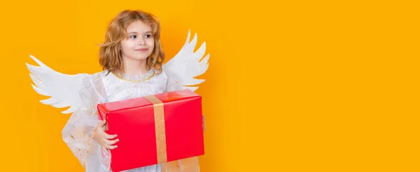 Cute Blonde Kid Angel Gift Box Present Valentines Day Panoramic — Fotografia de Stock