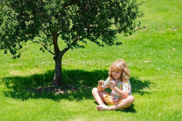 小孩练习瑜伽 以莲花的姿势冥想 在绿草上做梦 自由和无忧无虑儿童概念 — 图库照片