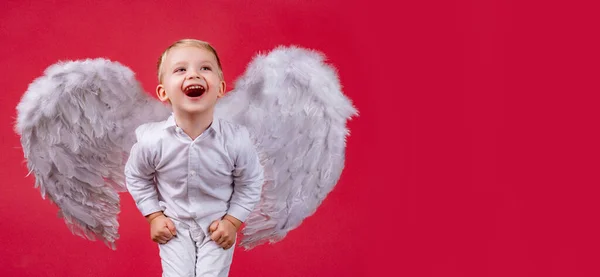 Valentines Day Banner Angel Child Angel Child Boy White Wings — Fotografia de Stock