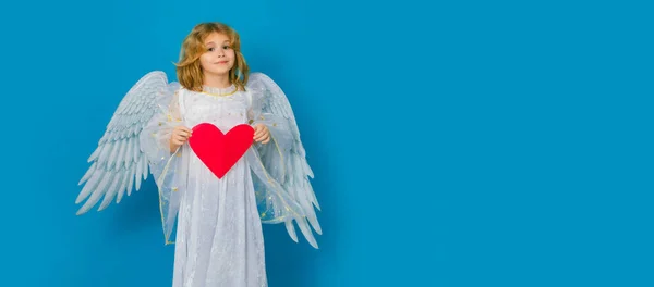 Child Angel Wings Hold Paper Heart Symbol Love Valentines Day — Fotografia de Stock