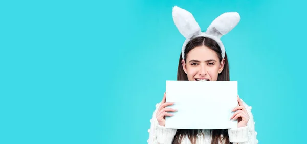 Portrait Funny Easter Bunny Woman Hold Board Easter Banner Mockup — Stock Photo, Image