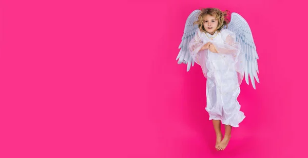Angel child jump, kids jumping, full body in movement. Little cupid child. Kid angel with angels wings. Panoramic banner, wide poster, horizontal header