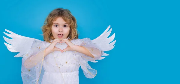 Little Angel Portrait Cute Kid Angel Wings Isolated Blue Studio — Foto Stock