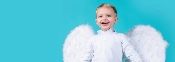 Valentines Day Banner Angel Child Little Angel Boy Making Funny — Stock Photo, Image