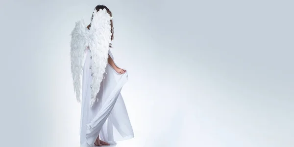 Valentijnsdag Spandoek Met Engel Angel Meisje Lange Witte Vleugels Prachtige — Stockfoto
