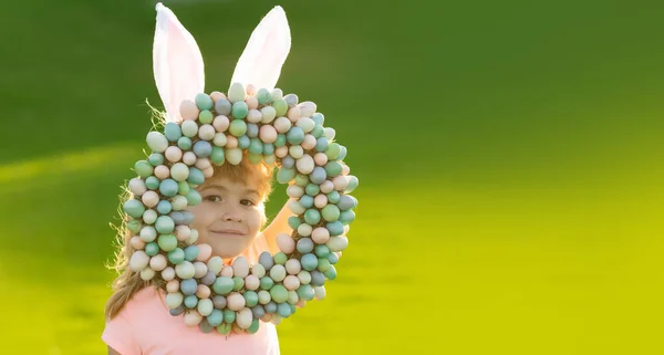 Child Boy Easter Eggs Bunny Ears Outdoor Cute Kid Having — Foto de Stock