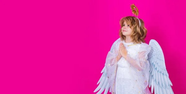 Valentines day banner. Cute child with angel wings with prayer hands, hope and pray concept. Banner header, copy space. Studio portrait of angel child on studio color isolated background