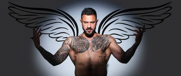 Photo Banner Sexy Man Angel Wings Valentines Day Brutal Angry — Photo