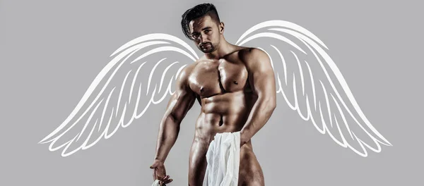 Meztelen Izmos Angyal Fényképezés Banner Sexy Man Wings Valentine Day — Stock Fotó
