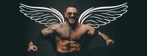 Photo Banner Sexy Man Angel Wings Valentines Day Angry Guy — Photo