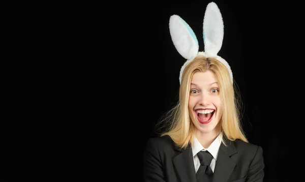Beautiful woman in fashion bunny mask. Spring holiday. Easter woman with sexy bunny suit costume. Horizontal photo banner for website header design